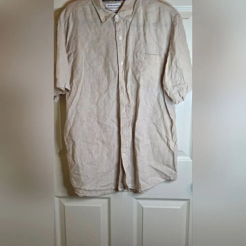 Amazon Essentials XL Beige 100% LINEN Shrtslv Pocket Buttons Up Men's Shirt